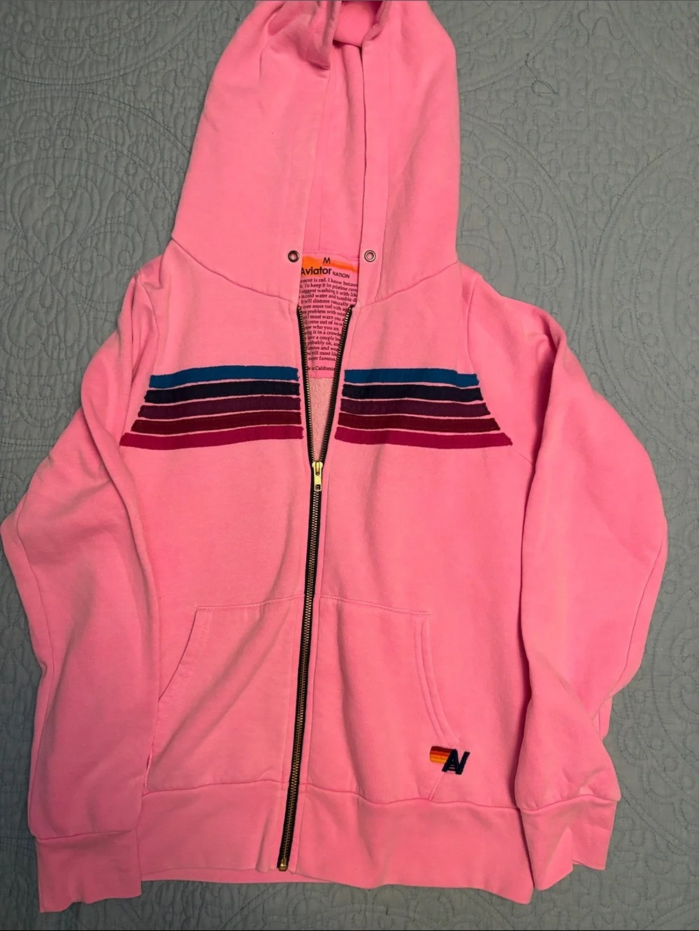 Aviator Nation Kids Pink Zip Hoodie with Multicolor Chest Stripes